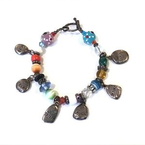 Signed DV Sterling Silver Inspirational Dangle Charms & Glass Beaded Bracelet